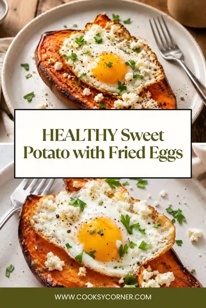 Sweet Potato Breakfast with Fried Eggs served with roasted sweet potatoes, sunny fried eggs, feta cheese, za'atar, and fresh parsley. This healthy Mediterranean breakfast looks colorful and hearty.