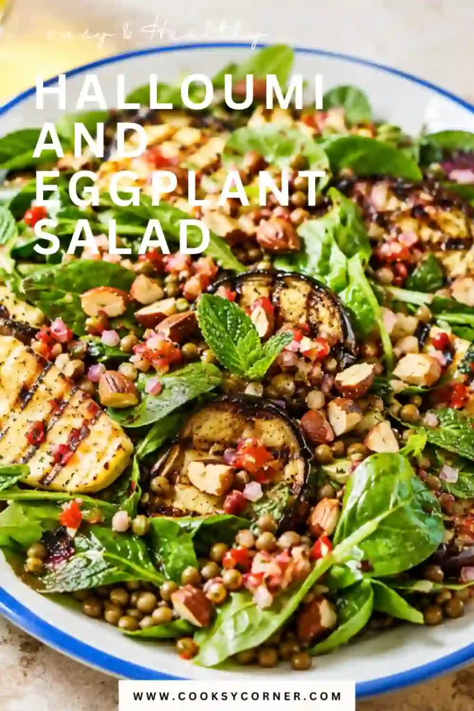 Fresh Halloumi and Eggplant Salad served with grilled vegetables, lentils, herbs, and a tangy homemade dressing. A wholesome Mediterranean-inspired vegetarian recipe.