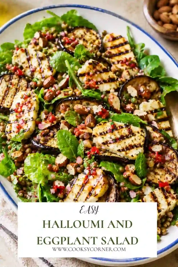 Grilled halloumi cheese layered over charred eggplant with arugula, lentils, mint, and smoked almonds. A nutritious vegetarian salad perfect for lunch or dinner.