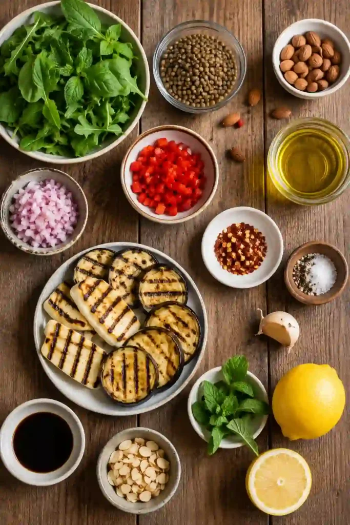 A platter of Halloumi and Eggplant Salad topped with grilled halloumi, smoky eggplant, peppery arugula, lentils, mint, and smoked almonds. This Mediterranean salad is colorful, hearty, and perfect for a healthy vegetarian meal.