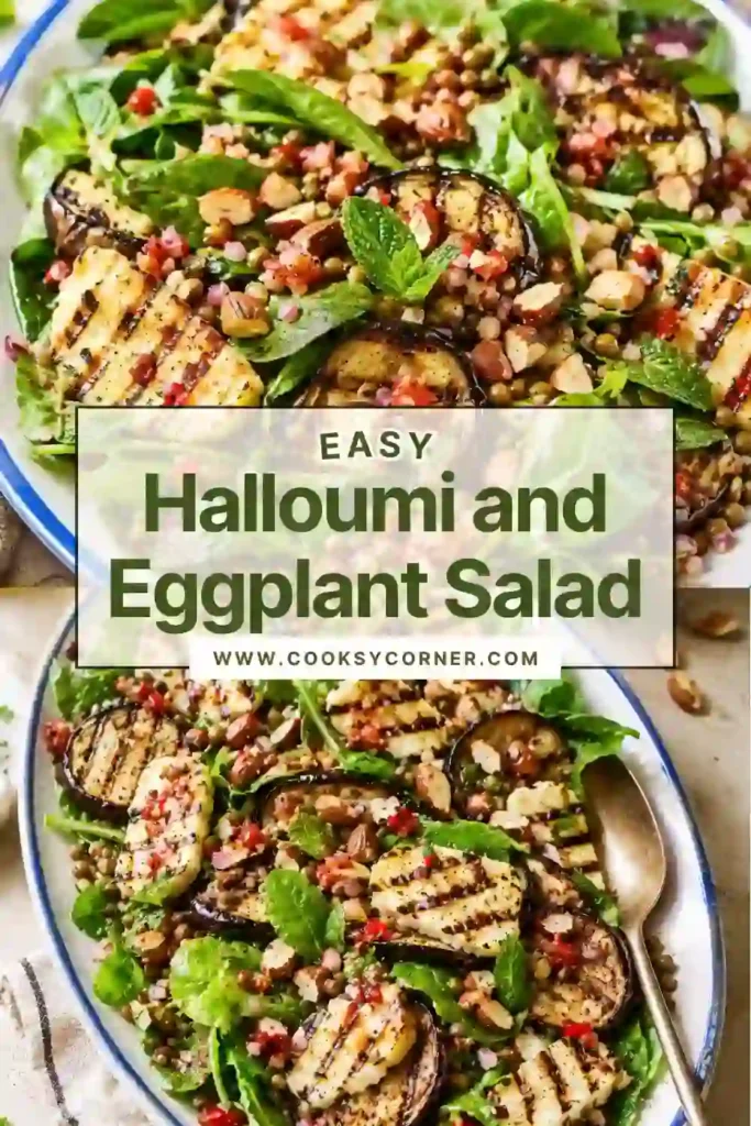 A fresh Mediterranean Halloumi and Eggplant Salad topped with grilled halloumi, roasted eggplant, arugula, lentils, mint, and crunchy almonds. An easy and healthy vegetarian recipe.