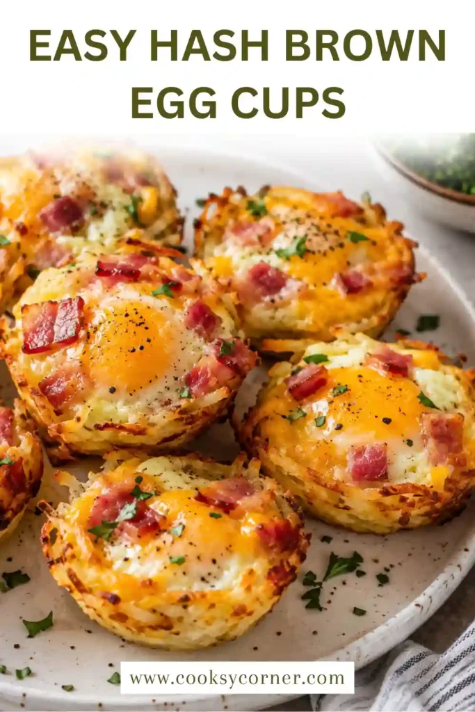 2. Golden hash brown breakfast cups baked in a muffin pan and topped with melted cheese and chopped herbs.