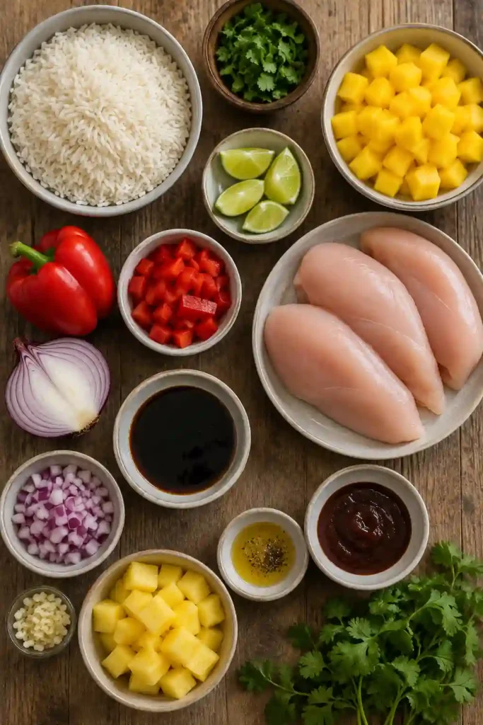 Hawaiian BBQ Chicken Bowls served with grilled chicken, creamy coconut rice, and fresh mango salsa. This colorful tropical chicken bowl is perfect for an easy family dinner.