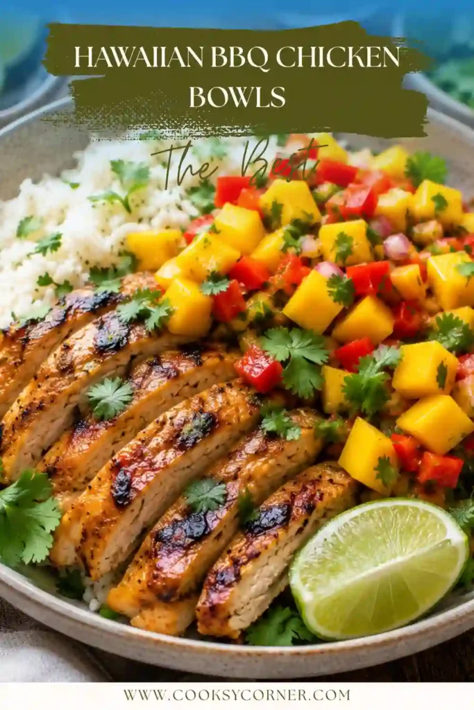 Fresh Hawaiian BBQ Chicken Bowls featuring tender grilled chicken, sweet mango salsa, and creamy coconut rice. A satisfying tropical-inspired dinner recipe.