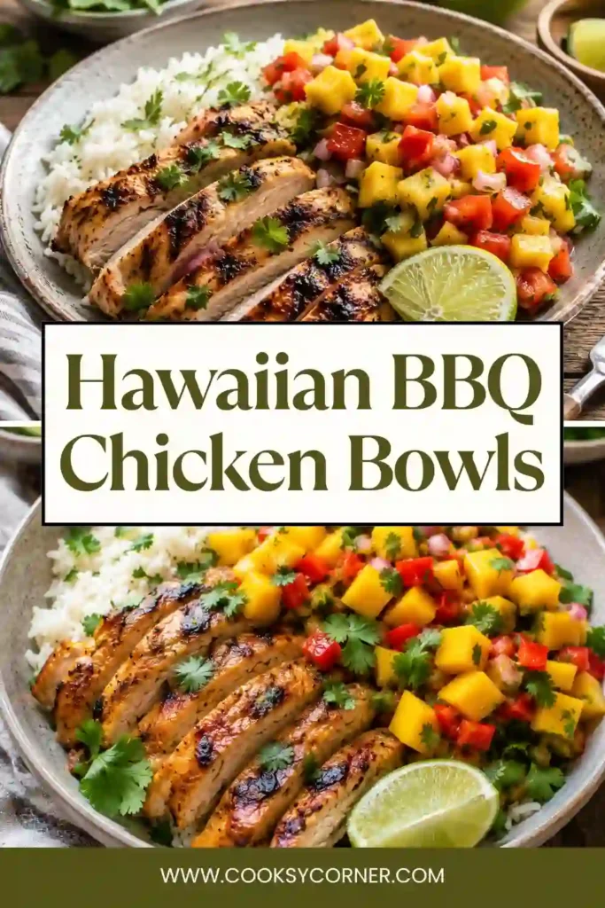 Grilled BBQ chicken sliced over coconut rice and topped with vibrant mango salsa. This Hawaiian chicken recipe makes a delicious and colorful weeknight meal.