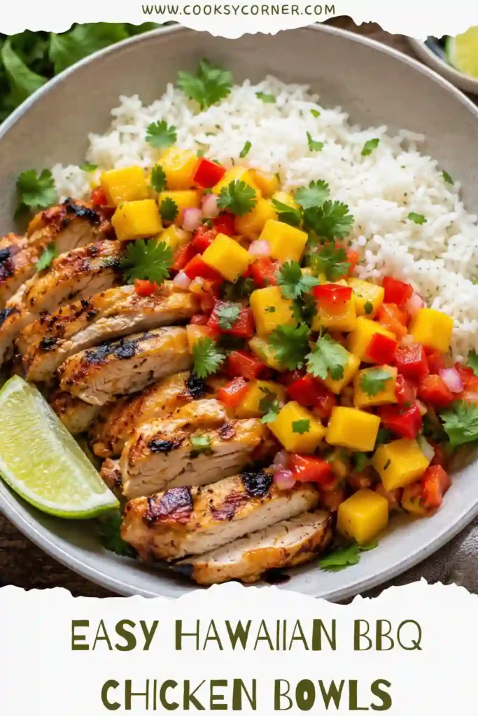 A healthy Hawaiian BBQ Chicken Bowl topped with juicy grilled chicken, homemade mango salsa, and fluffy coconut rice. Every bite is filled with fresh tropical flavors.