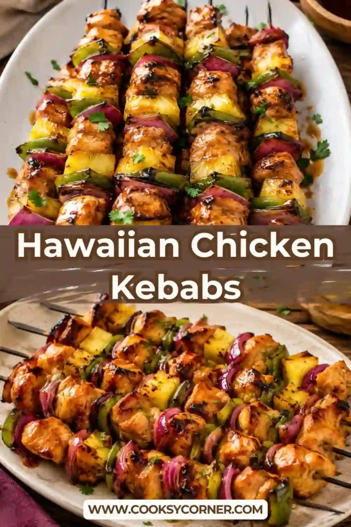 Close-up of Hawaiian Chicken Kebabs featuring caramelized pineapple, grilled chicken, bell peppers, and onions with beautiful grill marks. Fresh herbs garnish the finished skewers.