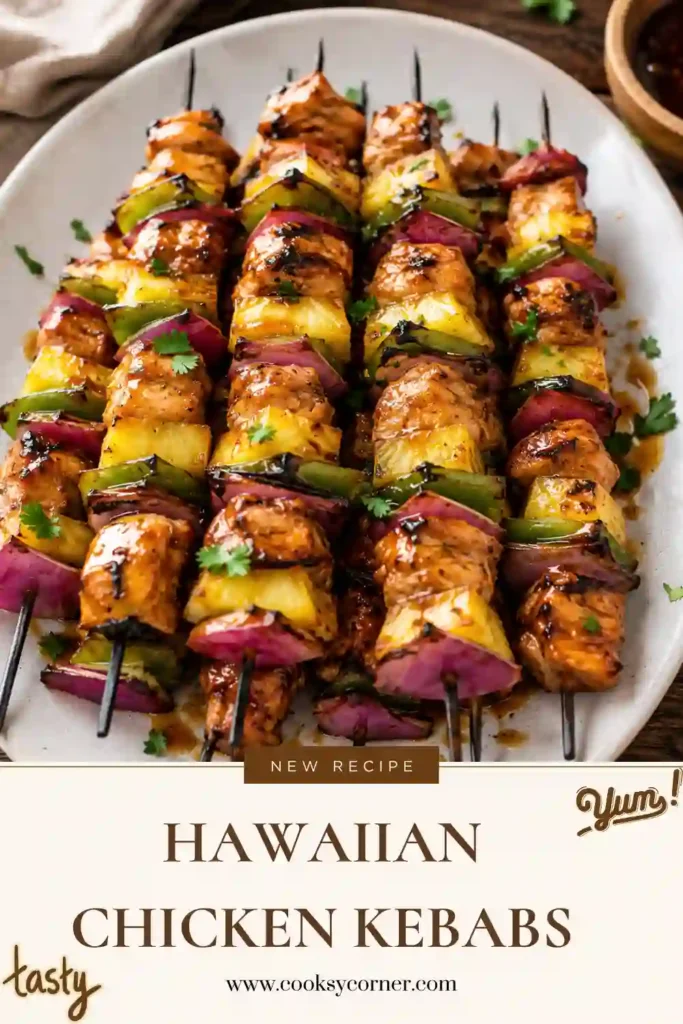 Grilled Hawaiian chicken skewers made with juicy chicken breast, fresh pineapple, bell peppers, and red onion. The skewers are glazed with a sweet and savory homemade marinade.