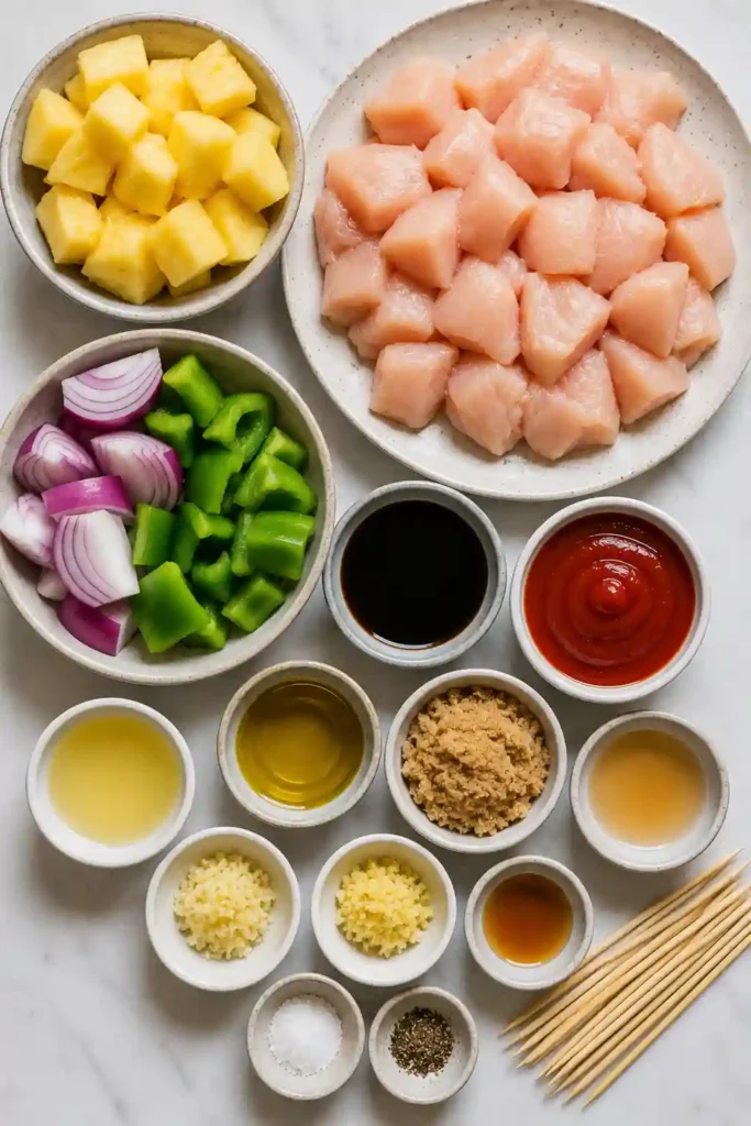 Homemade Hawaiian Chicken Kebabs served on a platter with grilled pineapple, colorful peppers, onions, and fresh herbs. The skewers are golden brown and lightly charred.