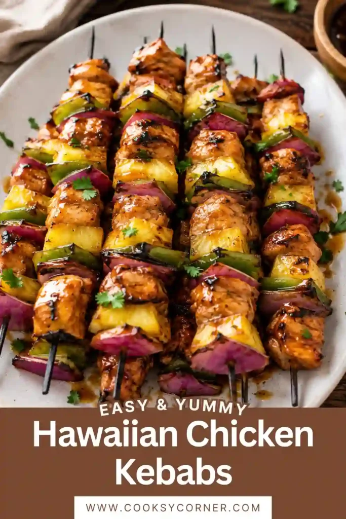 Fresh Hawaiian Chicken Kebabs with grilled chicken, pineapple chunks, green bell peppers, and red onion on wooden skewers. The colorful skewers are lightly charred and ready to serve.