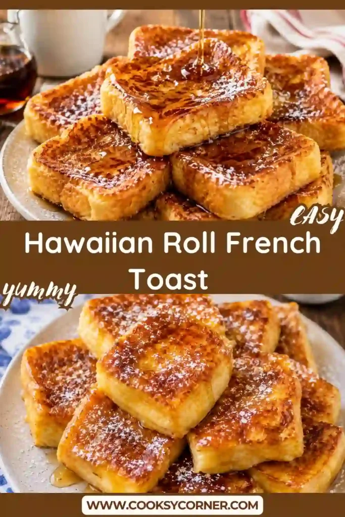 Freshly cooked Hawaiian Roll French Toast stacked on a white plate with powdered sugar and maple syrup. The golden brown rolls have a soft, fluffy interior that makes this breakfast recipe irresistible.