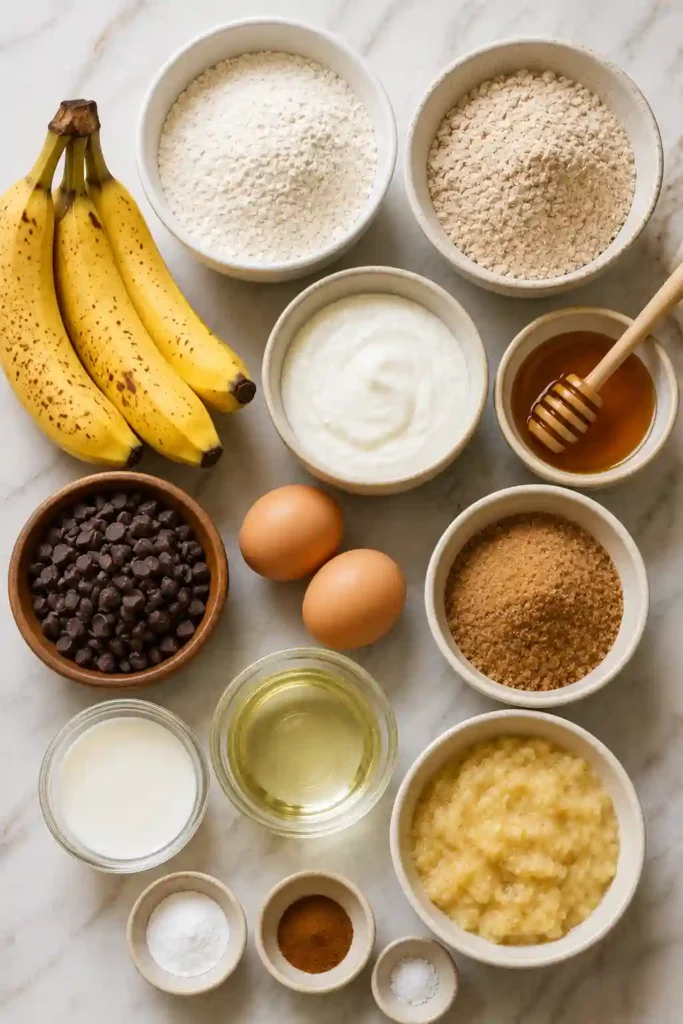 Baking ingredients for healthy banana chocolate chip muffins displayed in ceramic bowls on a bright countertop with ripe bananas and chocolate chips.