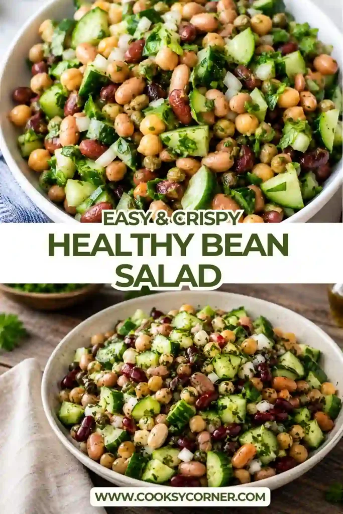 Fresh Easy Bean Salad featuring three kinds of beans, crisp vegetables, and homemade dressing. A nutritious make-ahead salad for picnics and summer meals.