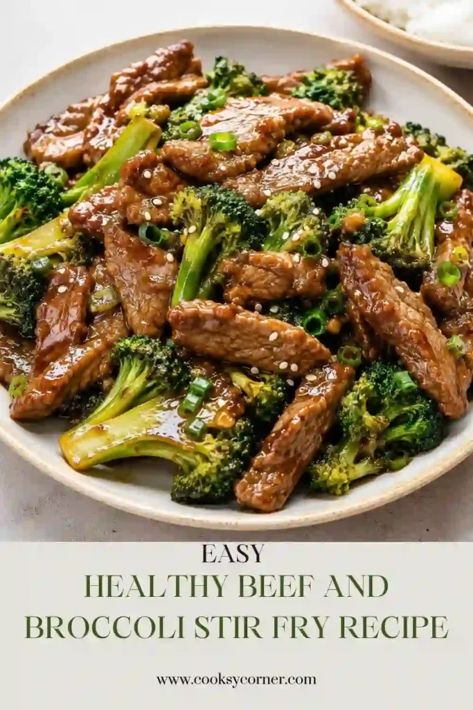 A skillet filled with tender beef strips and bright green broccoli coated in a glossy homemade stir fry sauce. This healthy beef and broccoli stir fry is served fresh with sesame seeds for an easy weeknight dinner.