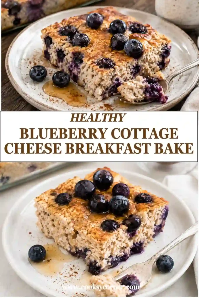 Healthy Blueberry Cottage Cheese Breakfast Bake topped with fresh blueberries and cinnamon in a baking dish. A high-protein breakfast made with cottage cheese, oats, eggs, and maple syrup.