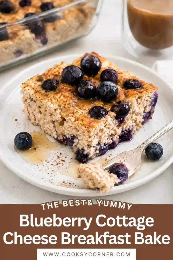 Slices of Healthy Blueberry Cottage Cheese Breakfast Bake served with Greek yogurt and fresh blueberries. This baked breakfast is creamy, wholesome, and naturally sweetened.