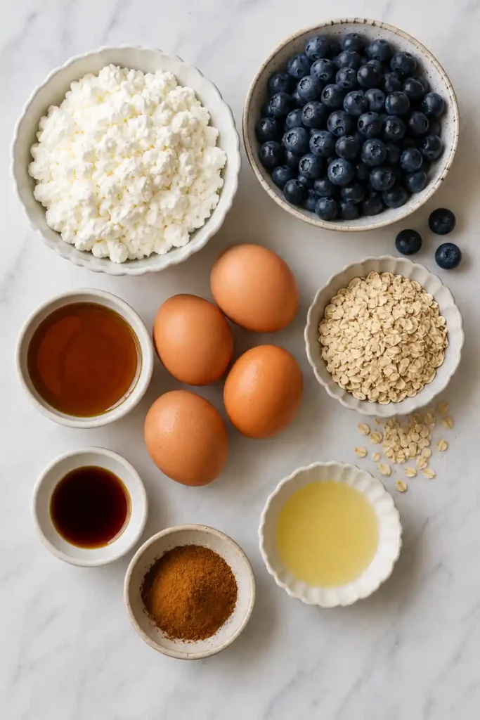 A warm Healthy Blueberry Cottage Cheese Breakfast Bake served with maple syrup and fresh berries. This easy baked breakfast is rich in protein and naturally sweetened.