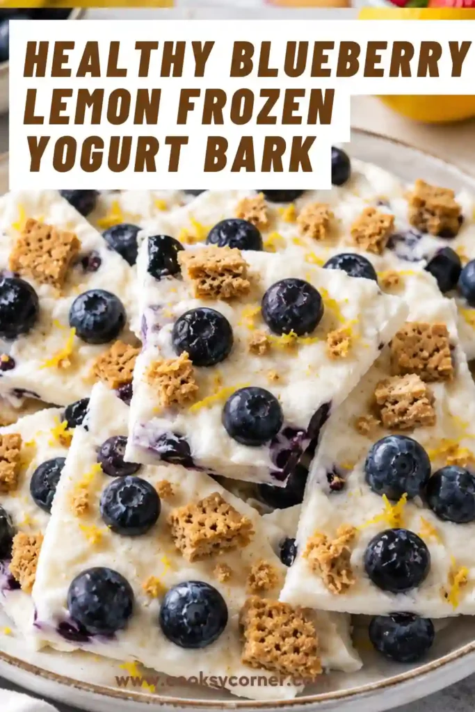 Blueberry Lemon Frozen Yogurt Bark topped with fresh blueberries, lemon zest, and crunchy graham cracker pieces. This healthy frozen Greek yogurt dessert is creamy, refreshing, and perfect for summer.