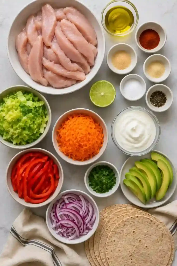 A whole-wheat Healthy Chicken Wrap stuffed with seasoned chicken breast, fresh vegetables, avocado, and cilantro yogurt sauce on a rustic serving plate.