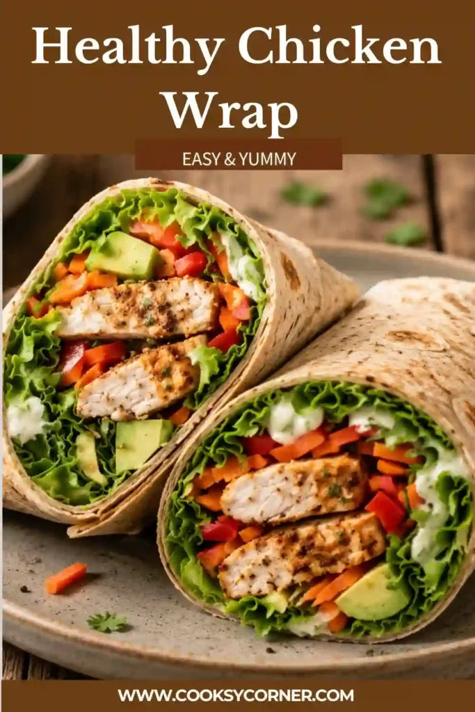 Fresh Healthy Chicken Wrap served with lime wedges and Greek yogurt dipping sauce on a wooden serving board.
