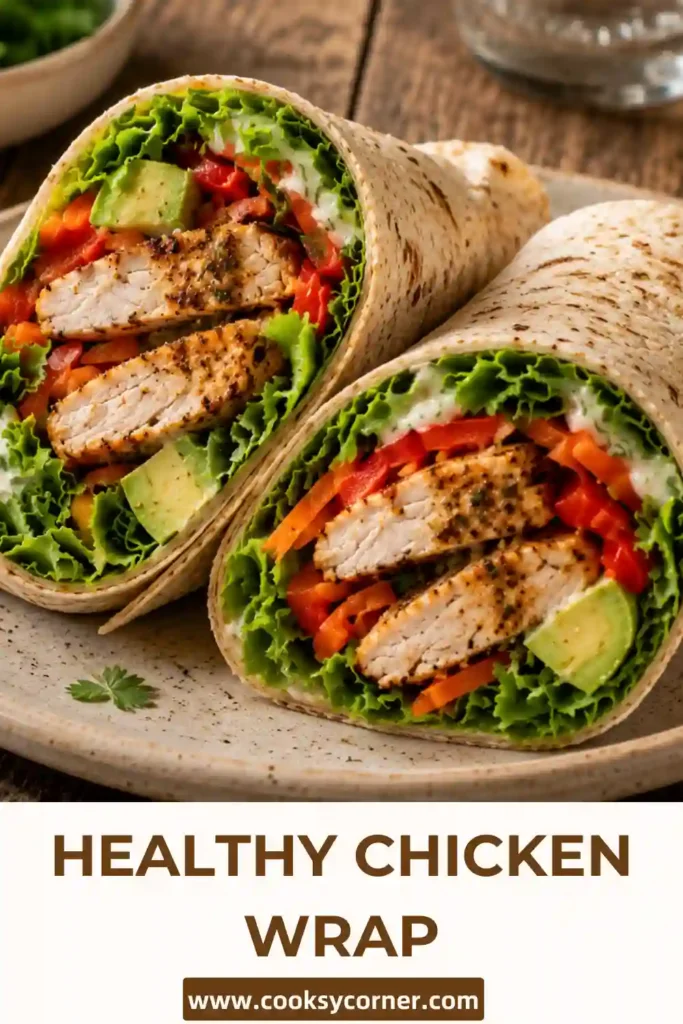 Close-up of a homemade Healthy Chicken Wrap sliced in half to reveal grilled chicken, lettuce, peppers, carrots, avocado, and creamy dressing.