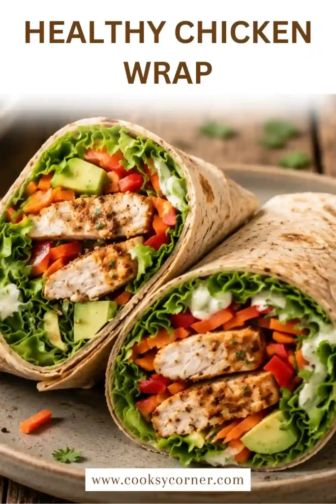 A Healthy Chicken Wrap filled with grilled chicken, romaine lettuce, carrots, avocado, bell peppers, and Greek yogurt sauce wrapped in a whole-wheat tortilla.