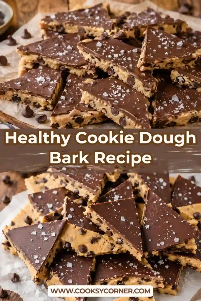 No-bake Healthy Cookie Dough Bark featuring a creamy almond flour cookie dough base covered with smooth melted chocolate and flaky sea salt.