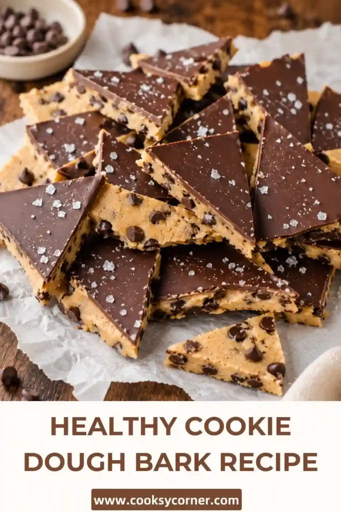 Healthy Cookie Dough Bark made with almond flour, cashew butter, chocolate chips, and a rich chocolate topping, cut into bite-sized pieces.
