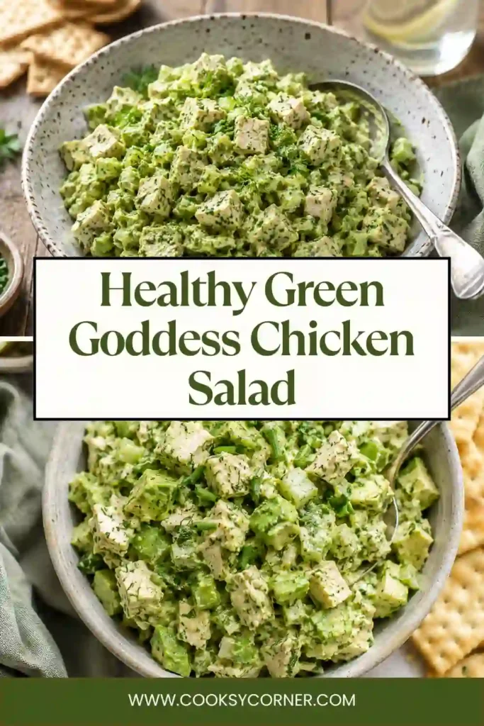 Fresh Green Goddess Chicken Salad served with crackers and garnished with chopped herbs. A creamy avocado chicken salad perfect for healthy lunches.