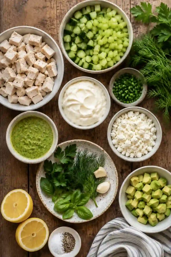 A bowl of Green Goddess Chicken Salad made with shredded chicken, creamy avocado, celery, and fresh herbs. This healthy chicken salad is vibrant, creamy, and perfect for a quick lunch.