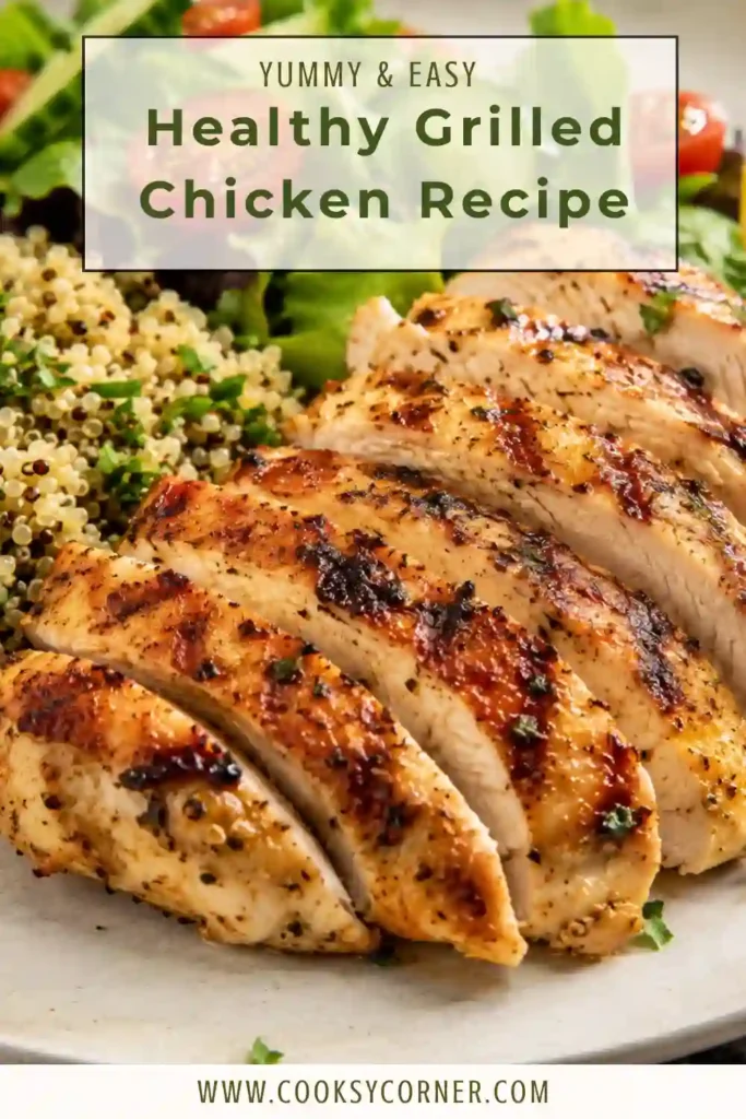 Freshly grilled lemon garlic chicken served on a white platter with herbs. This healthy grilled chicken recipe is tender, flavorful, and easy to prepare.