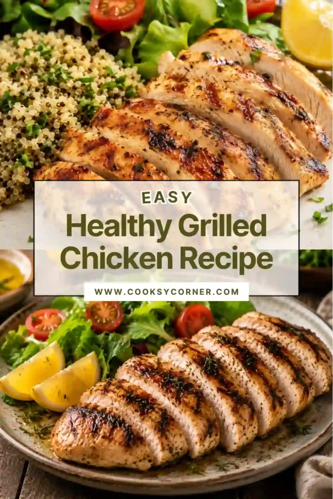 Healthy grilled chicken breasts cooked on an outdoor grill with fresh lemon and herbs. The chicken is juicy, golden, and perfect for a healthy high-protein dinner.