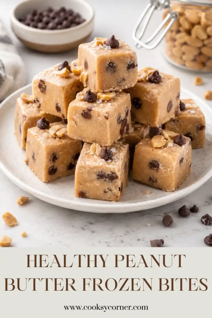 Creamy frozen peanut butter yogurt bites topped with mini chocolate chips and chopped peanuts. A healthy no-bake freezer snack.