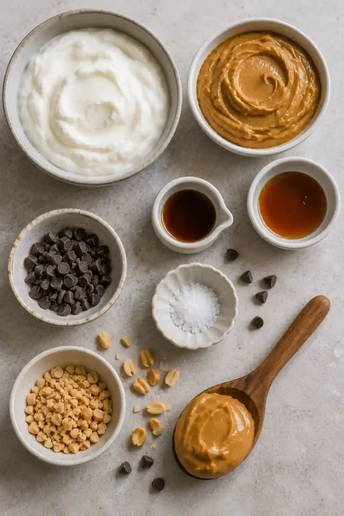 Frozen Greek yogurt peanut butter bites garnished with chocolate chips and flaky sea salt. An easy, healthy dessert ready straight from the freezer.