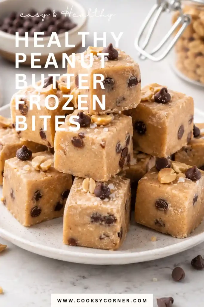 Healthy Peanut Butter Frozen Bites made with Greek yogurt, peanut butter, chocolate chips, and flaky sea salt, served on a chilled plate.