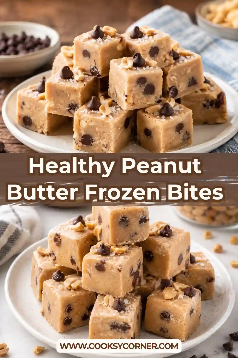 Healthy Peanut Butter Frozen Bites made with Greek yogurt, peanut butter, chocolate chips, and flaky sea salt, served on a chilled plate.
