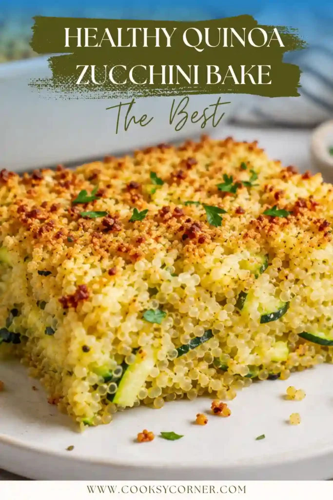 Close-up of Healthy Quinoa Zucchini Bake showing fluffy quinoa, juicy zucchini, lean beef, and bubbling cheese baked until golden brown. A wholesome casserole ideal for meal prep.