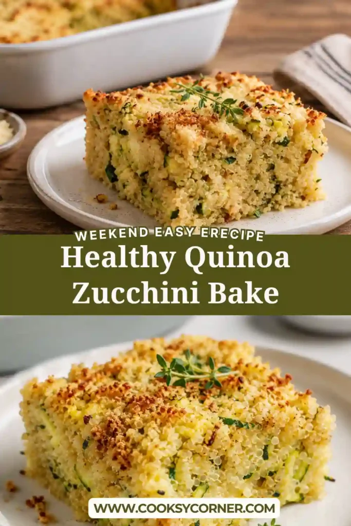 A baked quinoa zucchini casserole sliced into generous portions with melted cheese and fresh herbs. This healthy dinner recipe is rich in protein and loaded with wholesome ingredients.