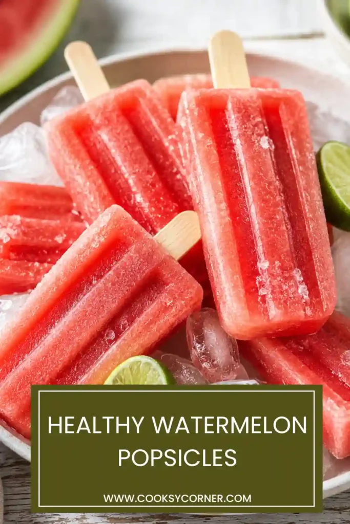Homemade Watermelon Popsicles with vibrant fresh fruit color arranged on a chilled platter. A simple and refreshing frozen summer dessert.
