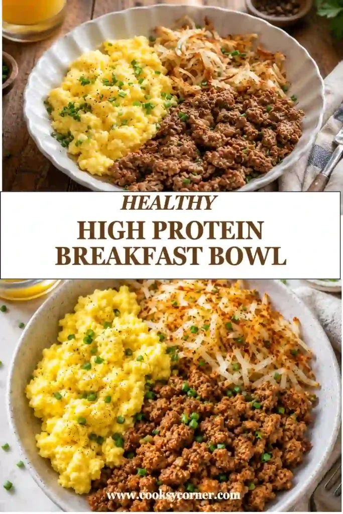 Close-up of a turkey breakfast bowl featuring golden hash browns, creamy scrambled eggs, fresh avocado slices, and salsa. A delicious high protein breakfast ready in just 30 minutes.