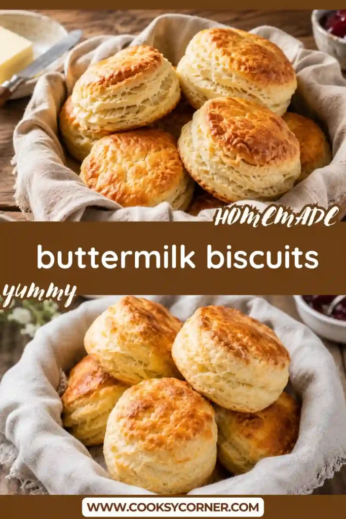 1. Freshly baked Buttermilk Biscuits with golden tops and flaky layers served warm on a rustic plate. These homemade biscuits are buttery, soft, and perfect for breakfast or dinner.