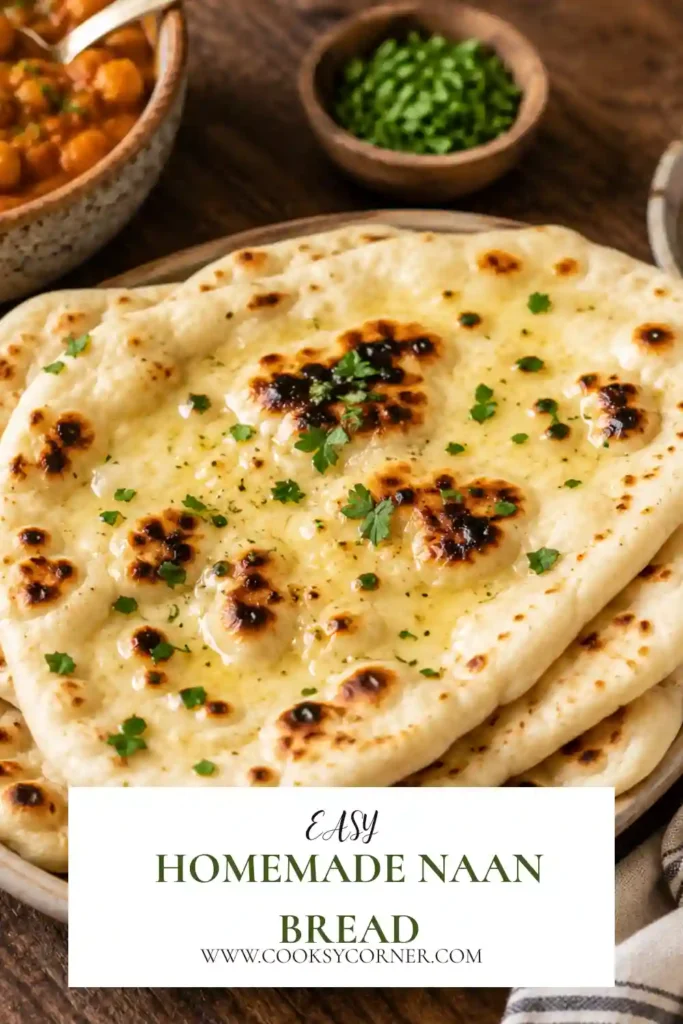 Homemade flatbread served warm with butter and herbs on a rustic serving platter. Soft naan bread with authentic bubbly texture.