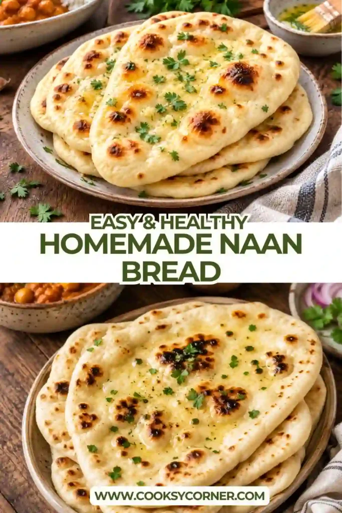 Close-up of soft yogurt naan bread cooked in a cast iron skillet until golden and fluffy. Fresh herbs and melted butter add rich flavor.