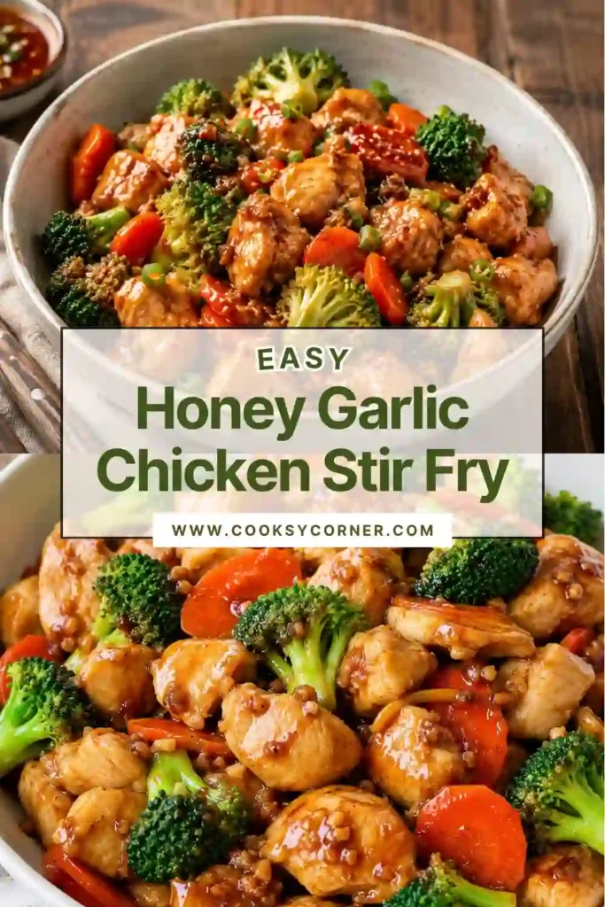 3. Close-up of Honey Garlic Chicken Stir Fry with vibrant vegetables and caramelized chicken pieces served over fluffy white rice. A quick homemade stir fry recipe.