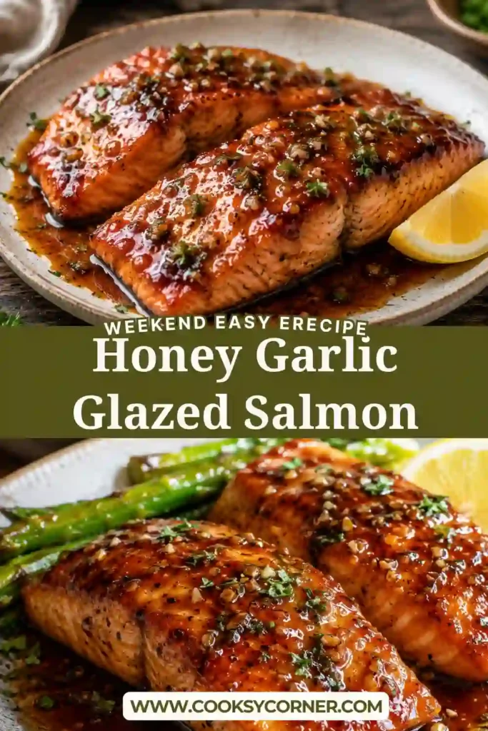 Close-up of Honey Garlic Salmon served with steamed vegetables and fluffy rice, topped with fresh parsley and a rich honey garlic glaze.