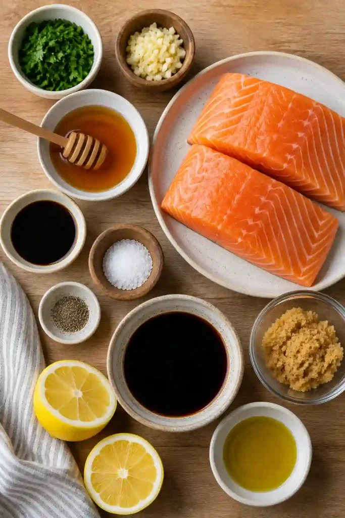 A golden Honey Garlic Glazed Salmon fillet rests in a skillet, coated in a glossy honey garlic sauce and garnished with fresh parsley. The caramelized glaze highlights the juicy, flaky texture of the salmon.