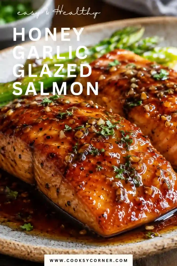 Freshly cooked glazed salmon fillets in an oven-safe skillet surrounded by bubbling honey garlic sauce and fresh herbs.