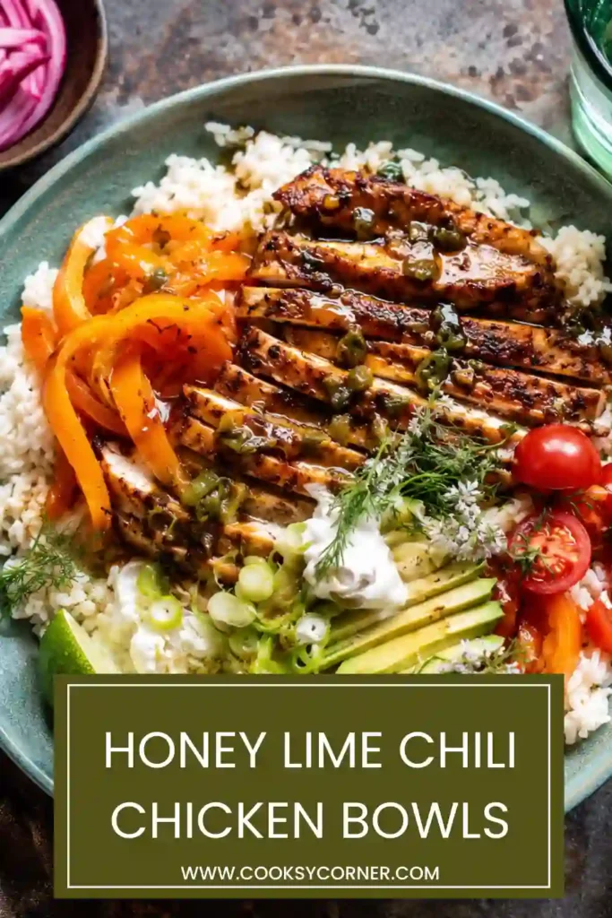 Roasted honey lime chicken served over rice with peppers, tomatoes, cilantro, and avocado. A flavorful meal prep bowl perfect for weeknight dinners.