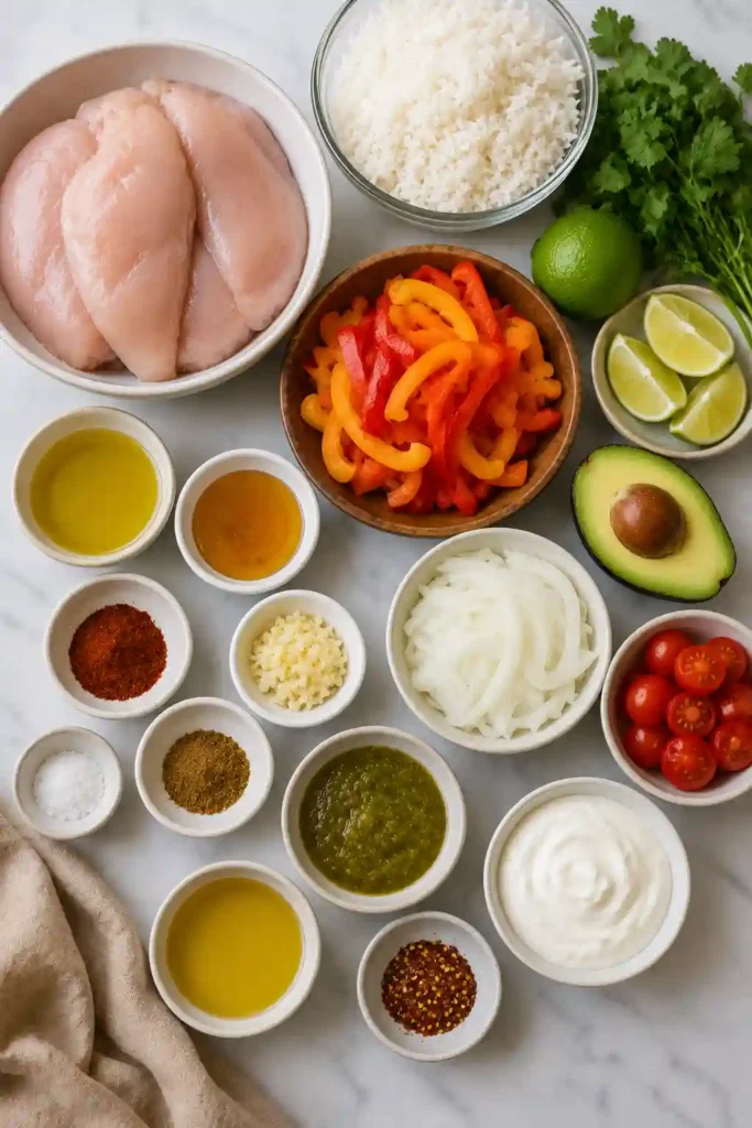 Colorful Honey Lime Chili Chicken Bowl featuring juicy chicken, roasted vegetables, rice, and creamy avocado finished with fresh cilantro.