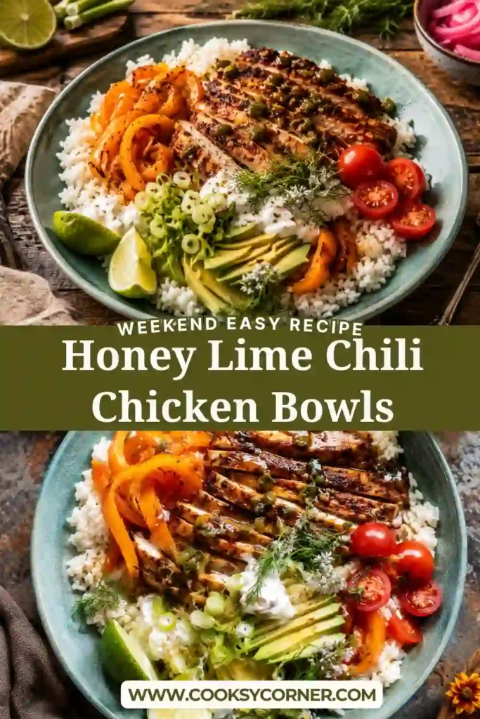Healthy chicken rice bowl topped with roasted vegetables, creamy avocado, yogurt, and honey lime dressing. A vibrant Tex-Mex-inspired dinner.